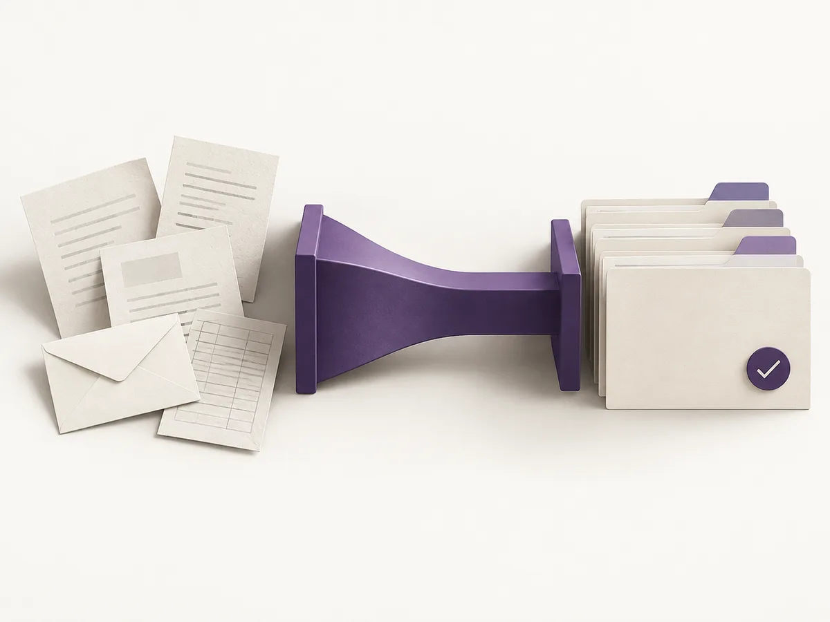 Documenti separati diventano un flusso ordinato attraverso un raccordo viola