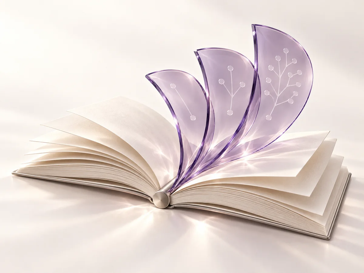 Libro aperto con pagine di vetro viola: dalla conoscenza semplice a connessioni più articolate.